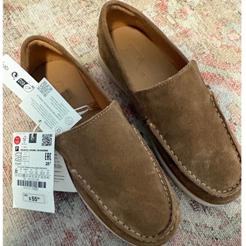 NWT ZARA Kids Brown Suede Leather Moccasin Loafers | EU 32 US 1
